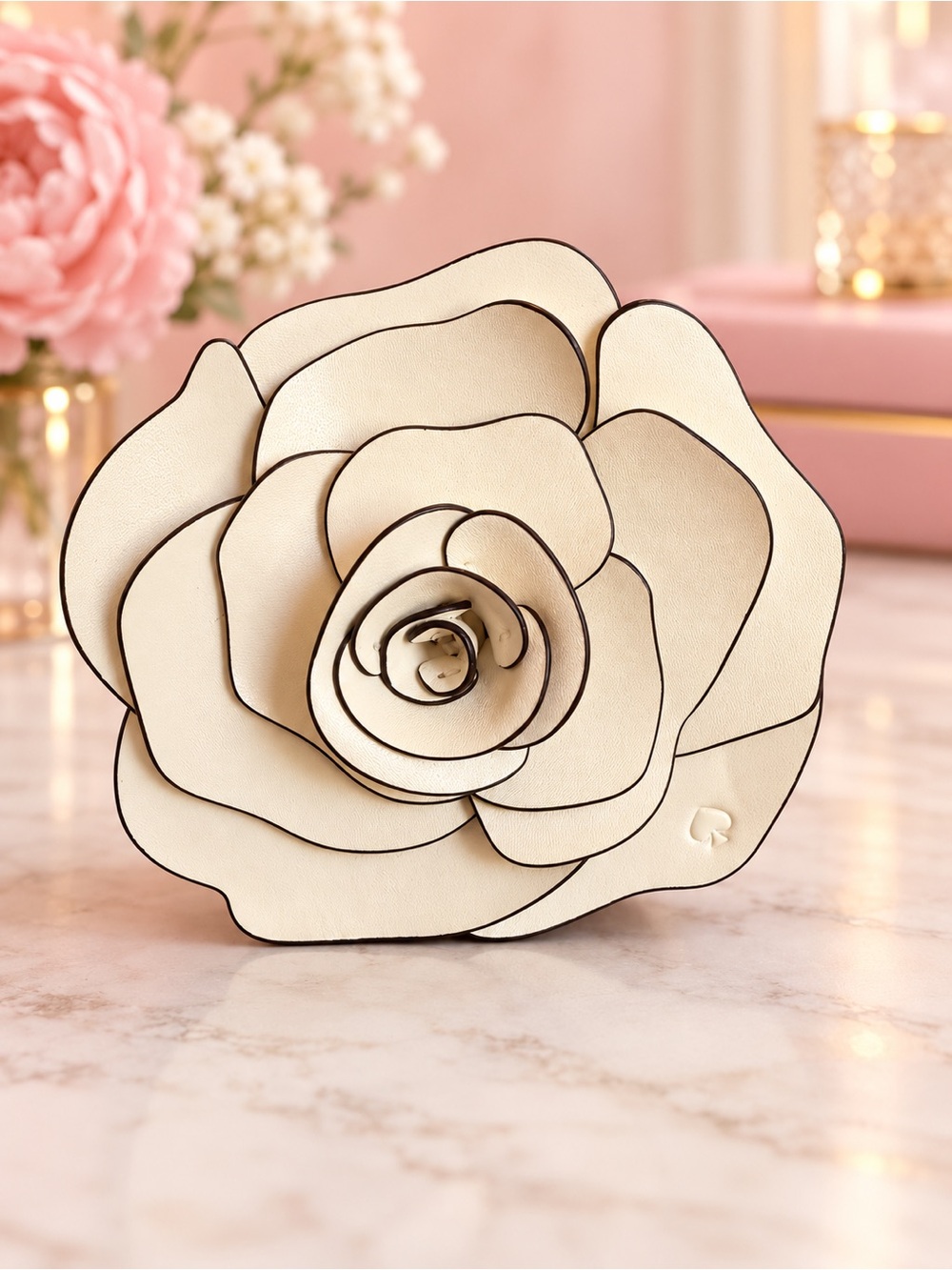 Kate Spade 3D Rose Flower Coin Purse Keychain Ivory Gold